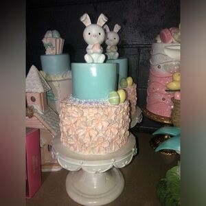 🌸 Pastel Bunny Rabbit Faux Cake on Pedestal